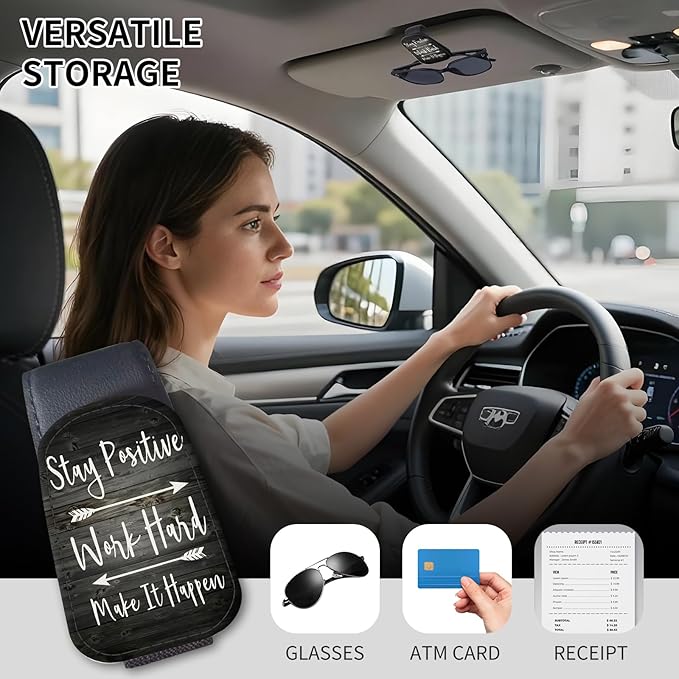 Sunglasses Holder for Car Visor, PU Leather Glasses Clip Organizer, Cute Magnetic Eyeglass Holder for Vehicle Sun Visor, Car Interior Accessory for Women & Men Stay Positive