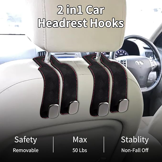 vidonio 2 Pack Double Car Seat Hooks for Headrest, Rotatable Purse Holder for Car, Premium Leather Car Hooks for Purses and Bags, Headrest Hooks and Storage Accessories (Black