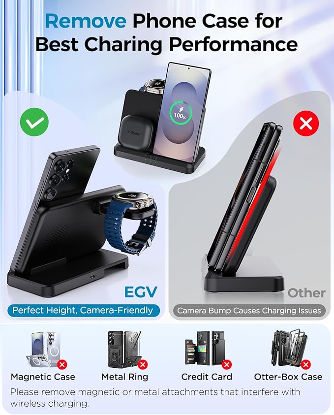 EGV Wireless Charger for Samsung – 3 in 1 Wireless Charging Station for Galaxy S26 Ultra S25 S24, Z Fold Flip 7/6, Detachable Watch Charger for Galaxy Ultra 8/7/6, Foldable, Fast Charging, No Adapter