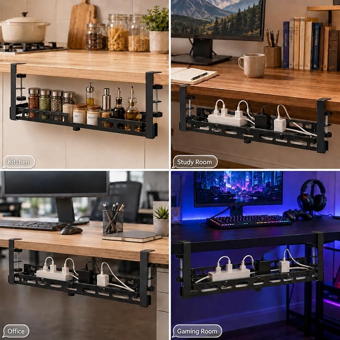 No Drill Under Desk Cable Management Tray, Adjustable 17.6"-27.4" Clamp-On Metal Cable Tray for Power Strip, Under Desk Cord Organizer and Wire Management Holder for Standing Desk, Gaming Desk, Office