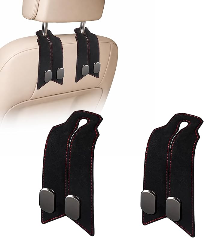 Premium Leather Car Headrest Hooks for Purses, 2 Pack Heavy Duty Car Seat Hooks, 360° Rotatable Back Seat Hanger Organizer, Metal Car Hooks for Bags, Groceries, Handbags (2, Black)