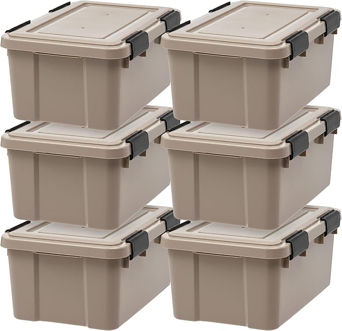 IRIS USA 6-Pack WeatherPro Gasket Box, 19 Quart Weather Resistant Storage Bins with Latching Lids, Heavy Duty Organizing Containers for Closet, Bathroom, and Office - Tan