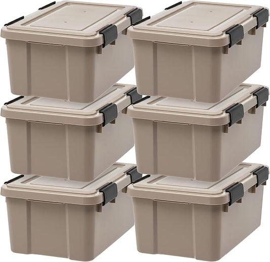 IRIS USA 6-Pack WeatherPro Gasket Box, 19 Quart Weather Resistant Storage Bins with Latching Lids, Heavy Duty Organizing Containers for Closet, Bathroom, and Office - Tan