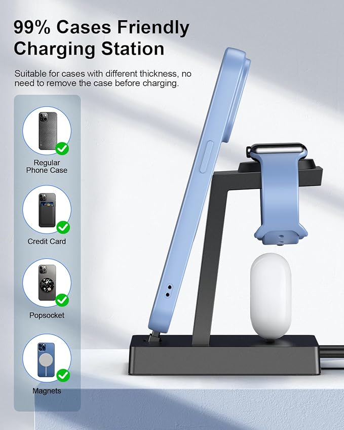 30W Fast 3 in 1 Charging Station for Apple Devices - ADADPU USB C Charger Stand for iPhone 17 16 15 Pro Max Plus & AirPods 4,Wireless Charger Dock Compatible with Apple Watch Ultra/10/9/8/7/6/5/4/3/SE