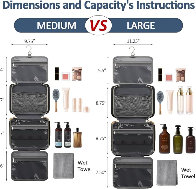 Vankor Large Travel Toiletry Bag for Women with Hanging Hook, Waterproof TSA Approved Cometic Toiletry Bag Organizers Leakproof Make up Bags for Women Black