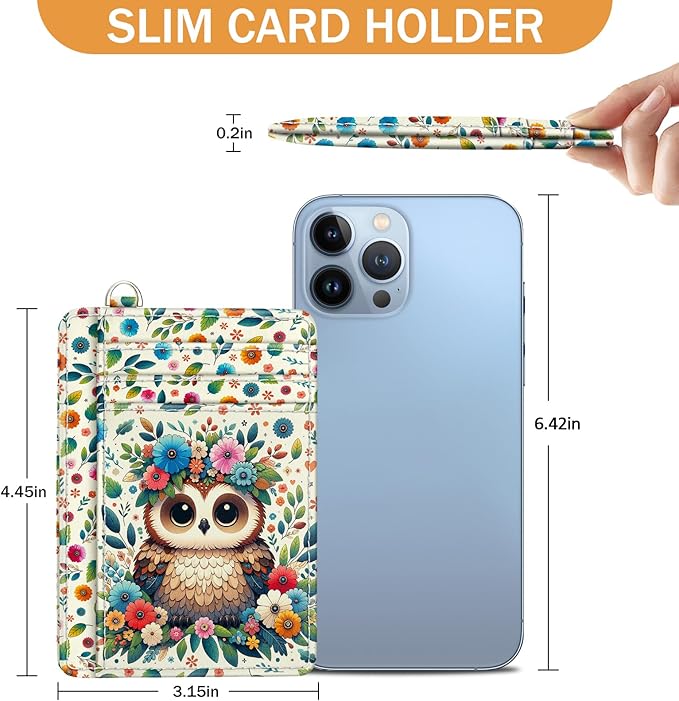 Yonlevres Credit Card Holder Slim Wallet, Floral Owl RFID Wallet Women Front Pocket Small Card Holder, Funny Cute Travel Thin Card Case ID Window PU Leather RFID Blocking Card Organizer Gift Girls