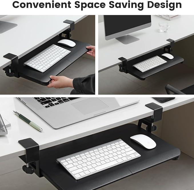 Keyboard Tray Under Desk, Slide Out Computer Keyboard & Mouse Tray with C Clamp-on Mount Easy to Install,24" W（Including Clamps） X 12"D Small Size,Black