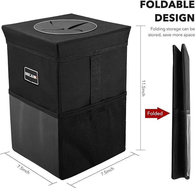 Car Trash Can with Lid - Trash Bag Hanging with Storage Pockets Leak-Proof SUV Organizer Collapsible and Portable Waterproof Truck Garbage Bin, 2.6 Gal Large Capacity Multipurpose Trash Bin for Van