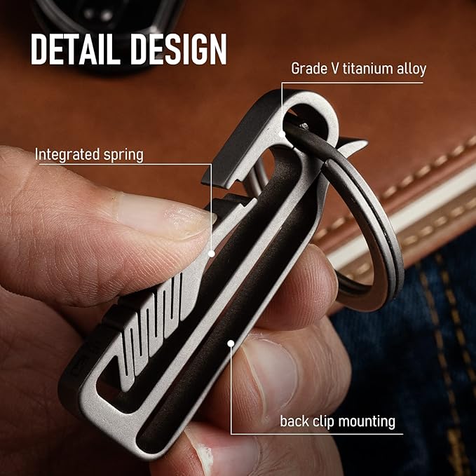 FEGVE Titanium Key Belt Clip with Key Ring, Belt Key Holder Key Chain Clip Black Keychain for Men