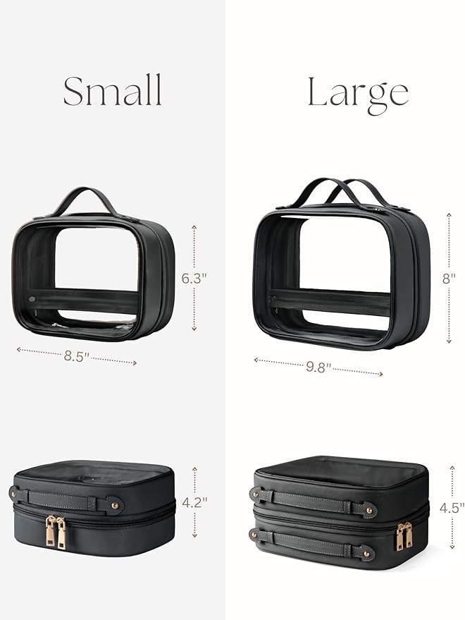 Clear Cosmetic Bag Double Layer Travel Toiletry Bag Clear Makeup Bag Case with 4 Compartments, Transparent Travel Bag for Toiletries, Large Toiletry Bag for Women Cosmetic Case (Black, Small)