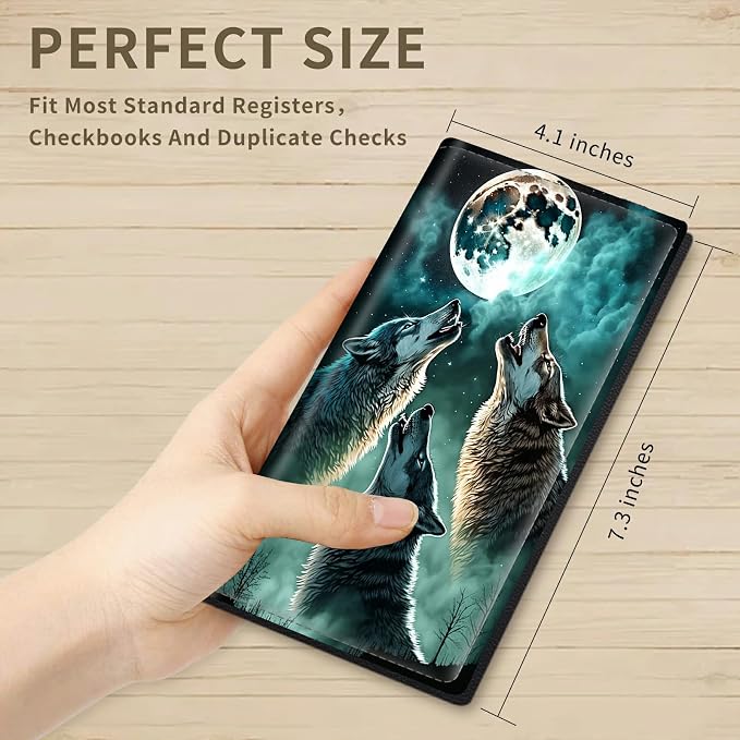 Checkbook Cover for Women & Men PU Leather Checkbook Covers for Personal Checkbook Check Book Credit Card Holder Holder Wallet with RFID Blocking for Duplicate Checks,Cool Wolves Howling at The Moon