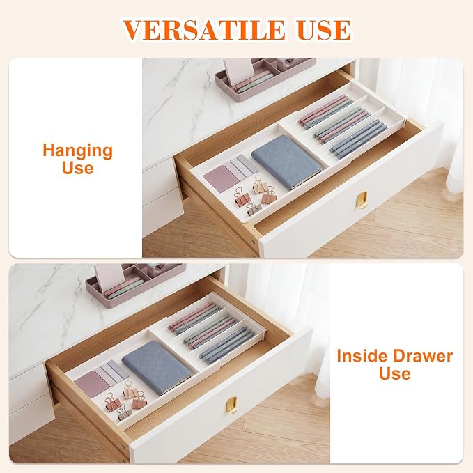 Briwooody Expandable Drawer Tray with Adjustable Dividers, 12.6-19.96 Inch Hanging Sliding Desk Organizer, 1.18'' Deep White Office Storage for Pens Paper Clips Sticky Notes Tape, Desk Accessories