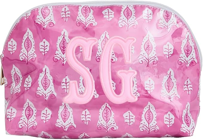 Personalized Clear Coated Pouch - Medium or Large Toiletry Bag with Embroidered or Applique Monogram, Custom Makeup or Travel Organizer, Easy-Clean Cosmetic Bag, Travel Gift for Women (Pink Lotus, M)