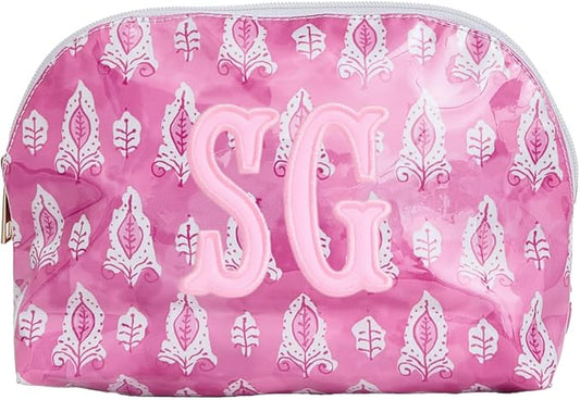 Personalized Clear Coated Pouch - Medium or Large Toiletry Bag with Embroidered or Applique Monogram, Custom Makeup or Travel Organizer, Easy-Clean Cosmetic Bag, Travel Gift for Women (Pink Lotus, M)