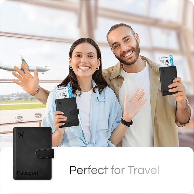 Passport Holder Cover Wallet, RFID Blocking Travel Document Organiser, Must Haves Travel Accessory, Leather Wallet Card Case – Essentials for Men & Women (Black)