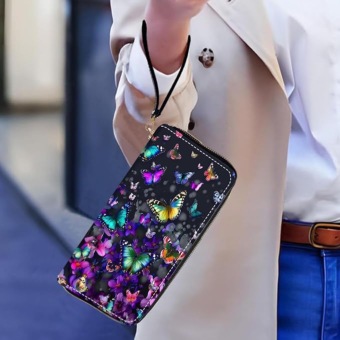 Women's Large Capacity Wallet PU Leather Zip Around Clutch Purse Multifunctional Wallet with Removable Wristlet Strap for Smart Phone/Coin/Card/Cash, Colorful Butterfly