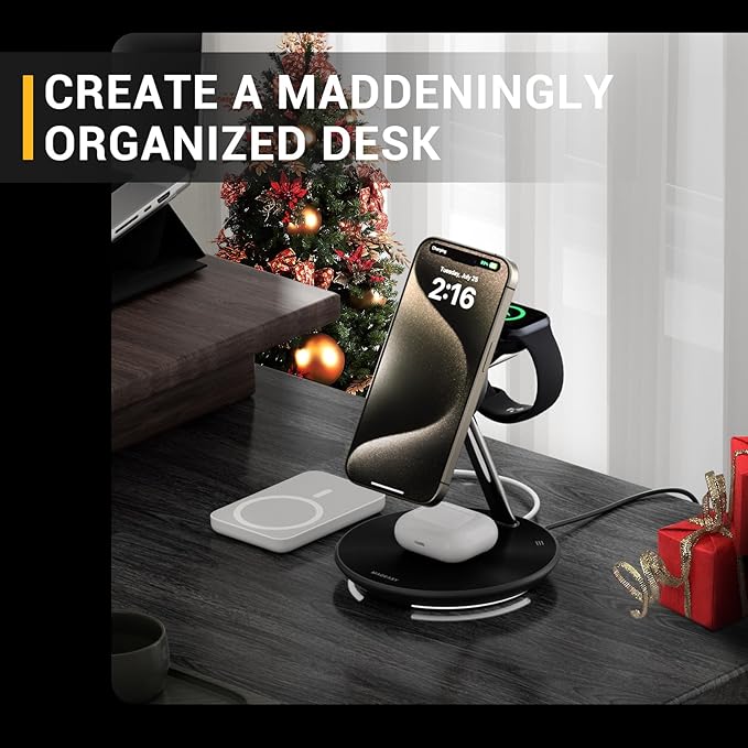 MAGEASY 4 in 1 Charging Station - Total 55W Output, Bedside Charging Station, Fast Charging Stand for iPhone, Apple Watch, AirPods, iPad, with Ambient Light | Power Station with 67W Charger (Black)