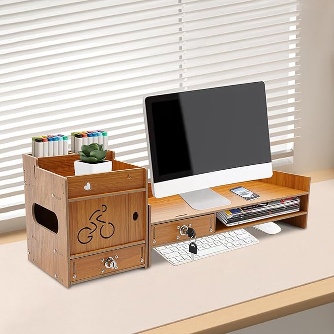 Desktop Monitor Stand, Computer Monitor Stand for Desk, Monitor Riser with Drawer, Desk Monitor Stand Underneath Storage for Office (Cherry Wood Color)