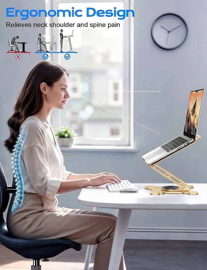 Adjustable Laptop Stand for Desk, 360° Rotating Base Ergonomic Computer Stand, Laptop Riser Foldable Protable for Office Home Fits Compatible with MacBook Pro/Air Notebook up to 10-16" Gold