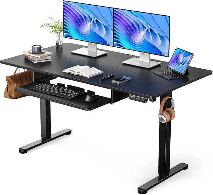 ErGear Electric Standing Desk with Keyboard Tray, 55x28 Inches Adjustable Height Sit Stand Up Desk, Home Office Desk Computer Workstation, Black
