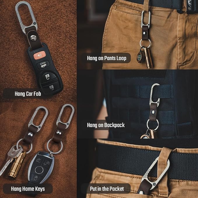 KeyUnity KM02 Titanium Belt Clip Carabiner Leather Keychain Holder with Removable Stainless Steel Key Ring