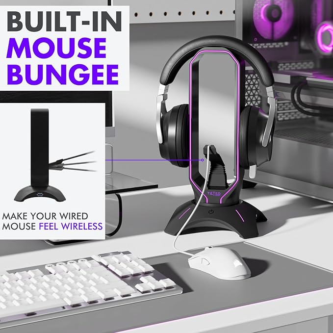 Tilted Nation Gaming Headset Stand | RGB Headphone Stand for Desk with Mouse Bungee and USB Hub (Cool and Clean Setup) Gaming Headset Holder - Perfect Gamer Gift Accessory