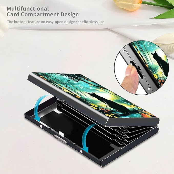 RFID Metal Wallet Credit Cards Holder Slim Mini Business Card Holder Metal ID Case Gift for Men Women,Black Cat Forest