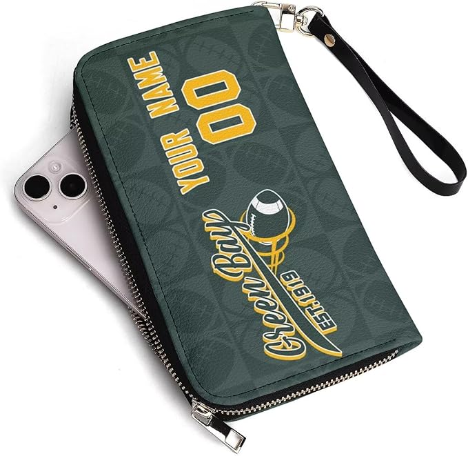 Custom Sports Team Zip Organizer Wallet-Personalized PU Leather Wallet with Name Number,Multi-Card Slots,Wrist Strap,Fan Gift for Men Women.