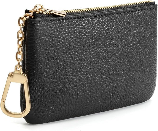 Full Grain Leather Coin Purse with Key Chain - Small Change Purse Keychain Card Holder Keychain Pouch Small Keychain Wallet for Women and Men (Black - Large Size)