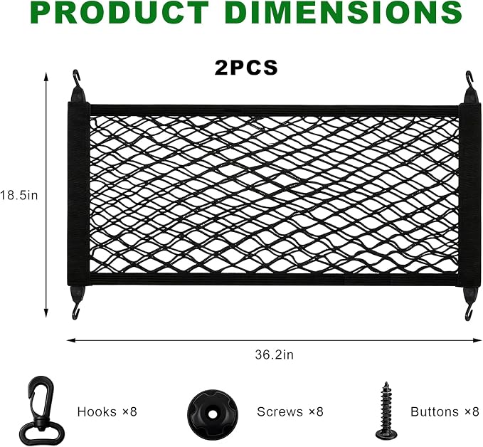 2 PCS Car Rear Cargo Net, Adjustable Elastic Trunk Storage Net with Mounting Screws & Hooks, Envelope Style Mesh Organizer Cargo Netting for SUV Pickup Truck, Car Accessories (Small)