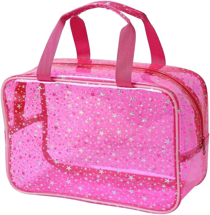 SxoSyo Clear Makeup Bags Large Toiletry Bag for Women Transparent Cosmetic Bag with Handle Travel Essential Bathroom Organizer (Pink Star)