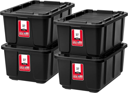 IRIS USA 4-Pack 27 Gallon Storage Bins with Lids |Made in USA| Heavy Duty Plastic Tote Containers for Truckbed Tool Box Organization, Large - Black