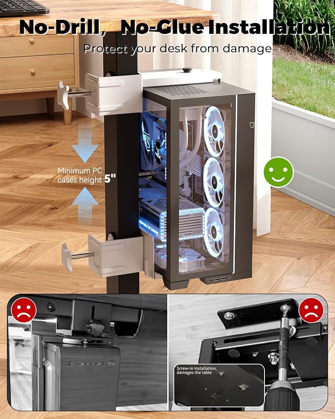 JOY worker Under Desk PC Mount for Standing Desk, Clamp-On Desk Leg Computer Mount, No Drilling, Adjustable Computer Case CPU Holder Holds Up to 44lbs, White PC Tower Mount