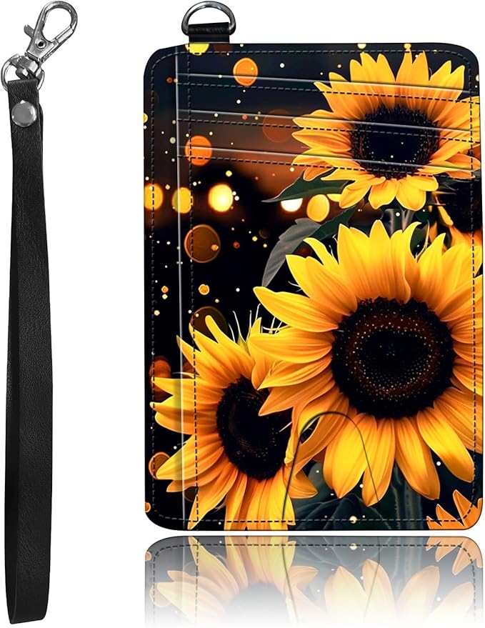 Slim Minimalist Front Pocket Wallet,Credit Card Holder Wallet for Women Men,RFID Blocking Credit Card Holder Case Leather Cute Small Thin Wallet ID Window&Wrist Strap,Glitter Sunflower