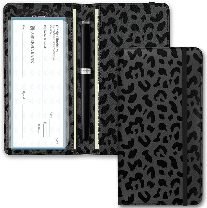 Checkbook Cover for Men Women, Premium Leather Checkbook Holder with RFID Blocking and Built in Clear Plastic Divider for Personal and Business Checks (Leopard-Black)