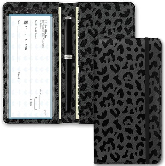 Checkbook Cover for Men Women, Premium Leather Checkbook Holder with RFID Blocking and Built in Clear Plastic Divider for Personal and Business Checks (Leopard-Black)