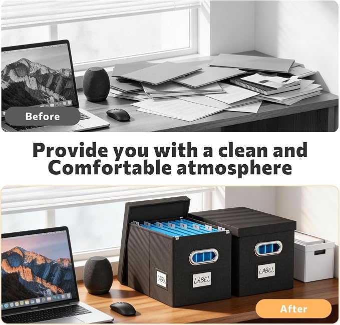 FHSQX File Box with Lid-File Organizer Box Set of 2 Portable Hanging File Box-Decorative Filing Storage Boxes for Office & Home File Cabinet (Black, 14 x 9.3 x 10.9 in (3Pack))