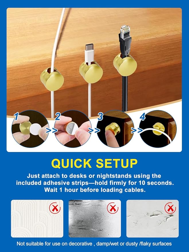 3 Pack Upgraded Cord Management Clips with Extra-Large Adhesive Base, Stronger Hold Phone Charger Holder for Nightstand, Premium Aluminum Gold Sticky USB Wire Organizer Cable Clips for Desk