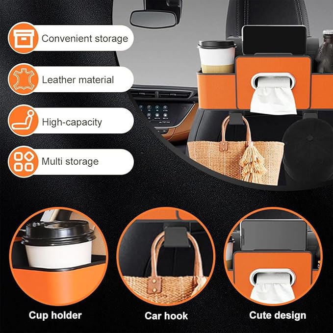 Car Organizer and Storage Box Back Seat, Car Organizer and Storage Box, 3-in-1 Car Seat Back Storage Box, with 2 Cup Holders, Tissue Box and Hooks, Smart Over-Seat CarOrganizer (1, White)