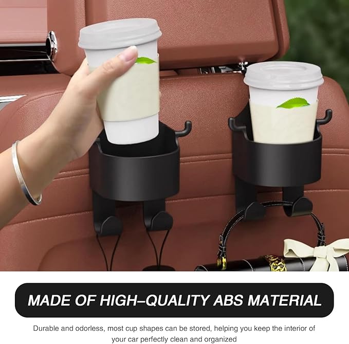 2 Pack Car Seat Headrest Hook with Cup Mount, 3 in 1 Multifunctional Vehicle Storage Hook Replacement, Universal Waterproof Automotive Organizer Accessories for Truck SUV Car (Black)