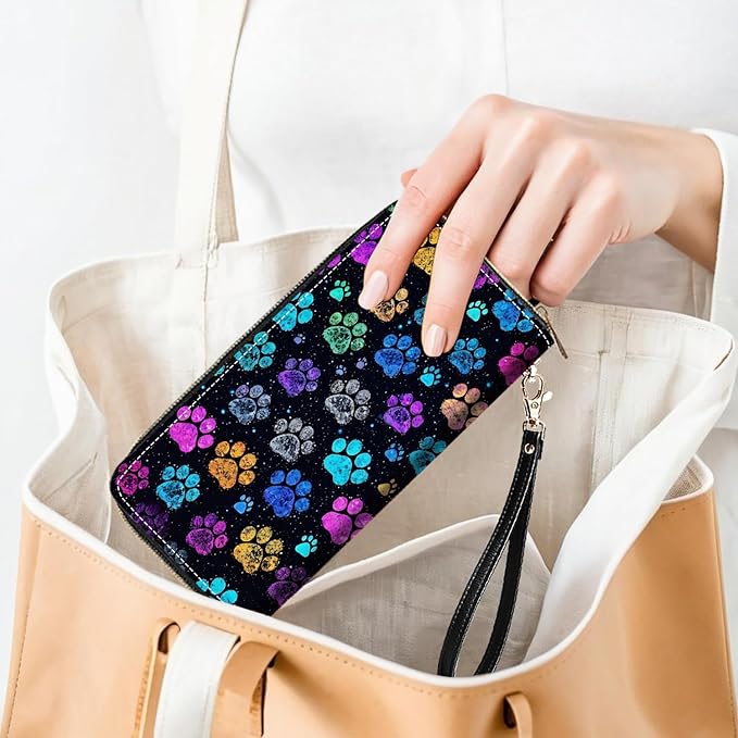 Colorful Dog Paw Prints Print Women Large Capacity PU Leather Zip Around Wallet, Multifunctional Clutch Purse for Cash/Card/Coin/Smart Phone
