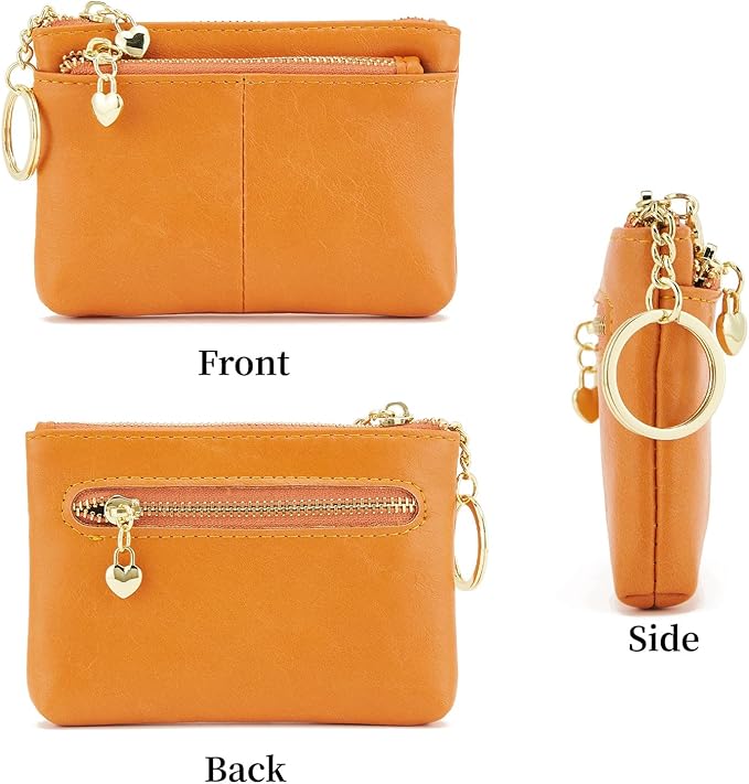 ZOOEASS Women PU Leather Zip Mini Coin Purse With Key Ring Triple Zipper Card Holder Wallet (Orange)