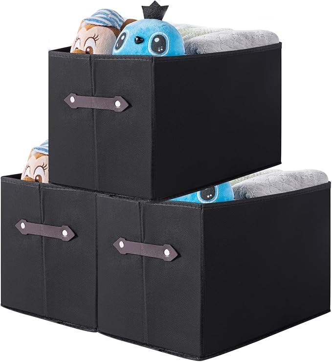 3 Pack Large Collapsible Storage Baskets for Shelves,14.9"x9.5" Fabric Closet storage Boxes with Leather Handles,Decorative Organizers Storage Bins for Clothes,Sheets,Toys,Books,(Black)