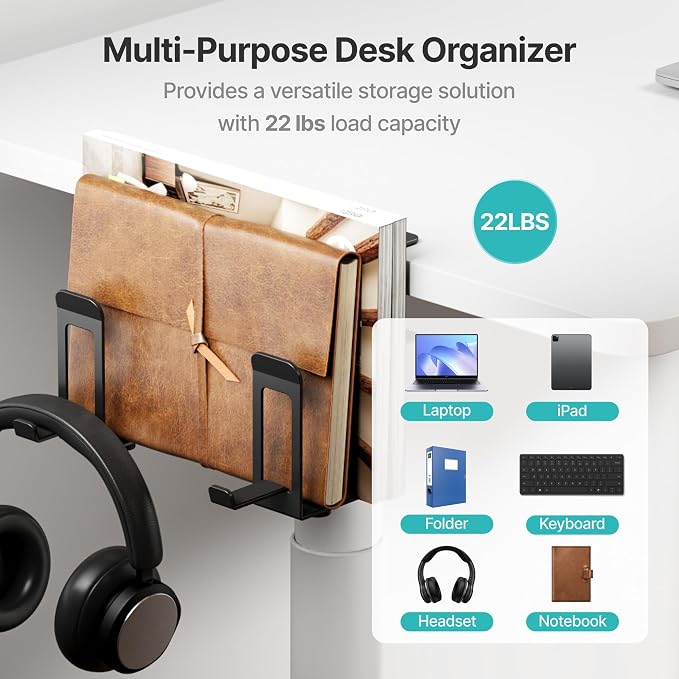 PEGZONE Laptop Stand Vertical, 2-Slot Under Desk Laptop Holder, Black | Desk Side Storage with Headphone Holder, Laptop Organizer for Office Gaming