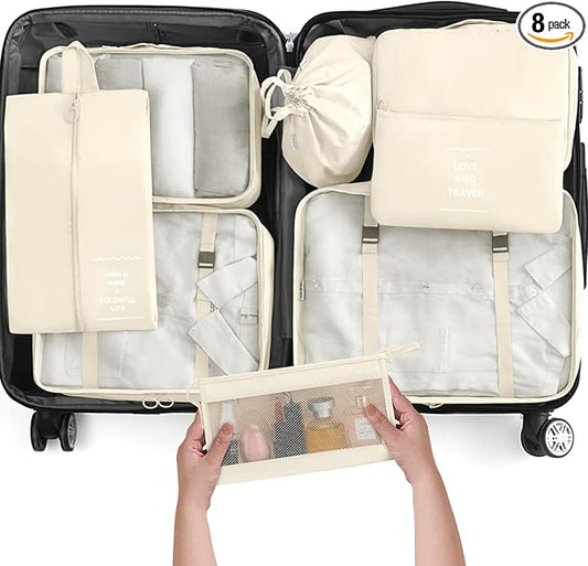KPX 8 Set Packing Cubes for Travel, Luggage Packing Organizers Accessories Large Toiletries Bag for Clothes Shoes Cosmetics (Beige)