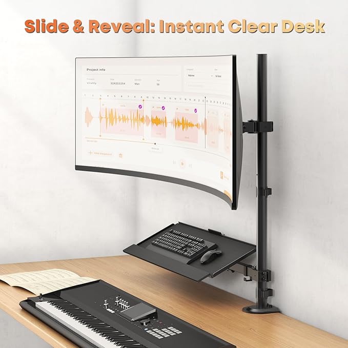 PUTORSEN 49''Monitor Arm with Keyboard Tray, Sit Stand Monitor Desk Mount, 44 lbs Monitor& 19.8 lbs Tray Capacity, C-Clamp & Grommet Mount,Standing Workstation Option