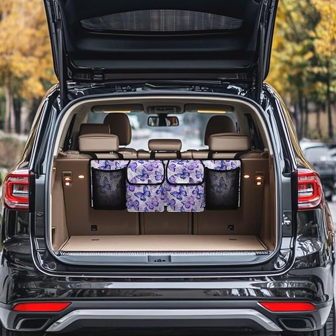 Purple Butterfly Car Trunk Organizer with Lid Backseat Hanging Storage Bag Waterproof Collapsible Cargo Bag Auto Organizer for SUV, Truck, Van