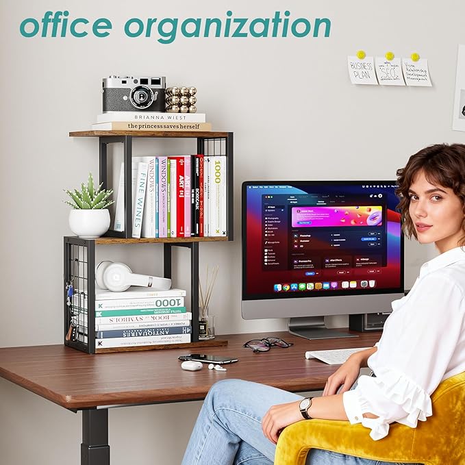 Desktop Bookshelf,3-Tier Desk Organizer Shelf with Hooks Desk Organization Deals for Office Storage Rustic Brown