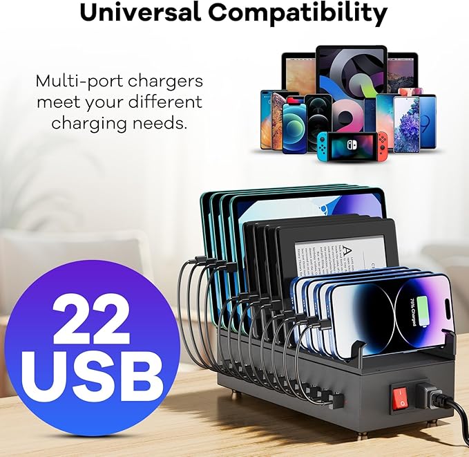 USB Charger Block, 300W 22 Port USB Charging Station for Multiple Devices, Desktop Wall Fast Charger with Storage Dividers, US? Power Strip Suitable for Home Office School Hotel
