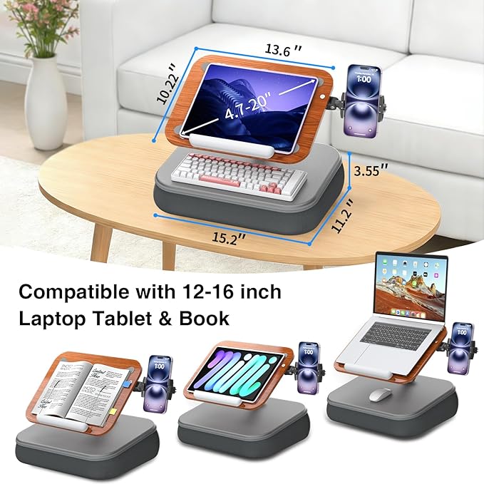 Height & Angle Adjustable Laptop Lap Desk, Laptop Desk with Cushion, Fits up to 16 inch Laptops & Tablet, Bean Bag Pillow Stand, Lap Desks for Home, Office, Bed, Couch, Desk, Car and Recline
